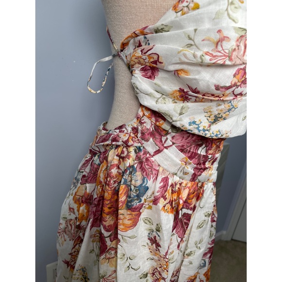 NWT Pattie Asymmetric Cut Out Linen Midi Dress in Cream Floral Size 8 - Picture 11 of 17